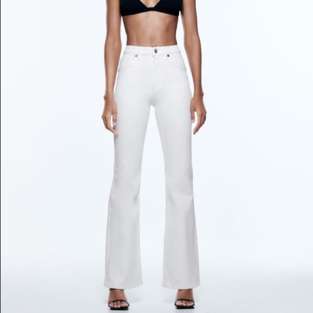New Zara White High Rise Full Length Flare Jeans